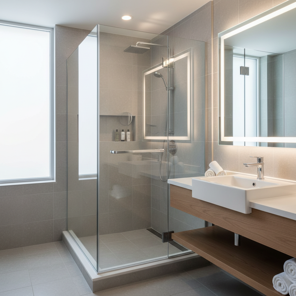 An immaculate, modern hotel bathroom at Midtown Inn in photographic realism, highlighting a spacious glass-enclosed rainfall shower with brushed steel fixtures and clear panels free of water spots. Large-format light grey stone tiles cover the floor and walls, with a recessed niche holding neatly arranged miniature toiletries. A floating vanity with a white quartz countertop supports a rectangular vessel sink and a wall-mounted chrome faucet, accompanied by perfectly rolled white towels. Above, a frameless backlit mirror emits a soft, even glow that balances the cool daylight streaming in from a frosted window. Shot from an eye-level perspective with sharp focus, the composition emphasizes clean lines, reflective surfaces, and a calm, spa-like atmosphere that reinforces Midtown Inn’s modern, sophisticated character.