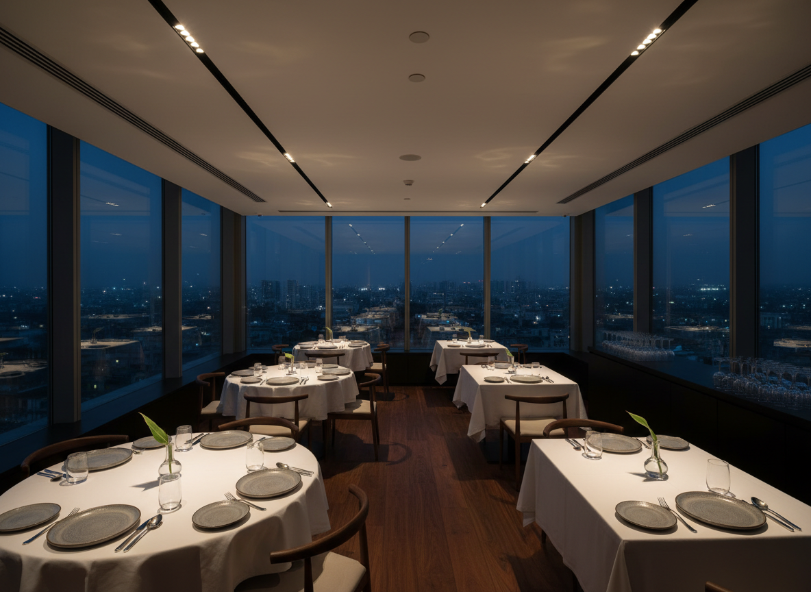 A refined rooftop or upper-floor dining area at Midtown Inn, Delhi, in photographic realism, arranged with impeccably set tables featuring crisp white tablecloths, polished stainless-steel cutlery, and modern stoneware plates in soft greys. Each table has a single slender glass vase with a minimalist green stem. Floor-to-ceiling windows wrap around the space, revealing a softly blurred evening skyline of Delhi with distant city lights in Laxmi Nagar. The ceiling features recessed warm lighting and slim black track lights that create subtle pools of illumination on the tables, leaving the corners gently shadowed. The flooring is rich walnut wood, and a long sideboard in matte black holds neatly aligned glassware. Captured from a mid-height, wide-angle view using the rule of thirds, the mood is intimate, upscale, and quietly luxurious.
