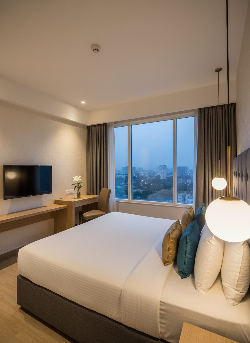A modern deluxe guest room at Midtown Inn, Delhi, in photographic realism, centered around a plush king-size bed with crisp white linens, a tailored charcoal-grey upholstered headboard, and accent cushions in muted gold and deep teal. The bed faces a sleek wall-mounted smart TV above a low-profile wooden console in light oak. One side features a compact writing desk with a taupe leather chair and a small vase with a single white lily. Floor-to-ceiling windows reveal a soft, blurred cityscape of Laxmi Nagar at dusk. Warm bedside pendant lights cast a gentle glow, creating soft shadows on the textured ivory walls. Captured from a slightly elevated corner angle with a shallow depth of field, the space feels serene, elegant, and meticulously arranged, ideal for a premium urban stay.