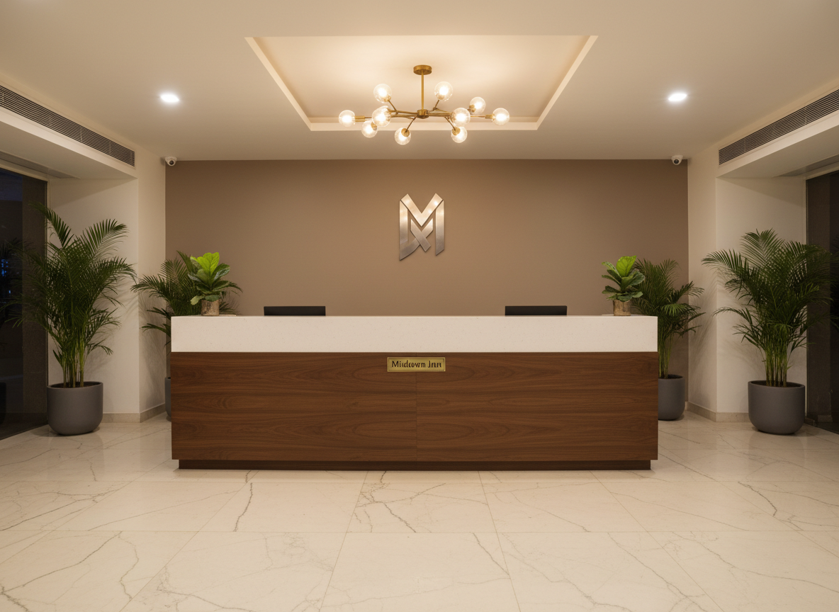A refined hotel lobby of Midtown Inn in Laxmi Nagar, Delhi, rendered in photographic realism. The focus is on a sleek reception desk in dark walnut wood with a subtle matte finish, topped with spotless white quartz and a discreet brass nameplate. Behind it, a minimalist wall features the Midtown Inn logo in brushed metal against a soft taupe backdrop. The floor is polished cream marble with subtle veining, reflecting warm recessed ceiling lights and a contemporary sculptural chandelier. Elegant indoor plants in charcoal planters frame the scene. Shot at eye level with a wide-angle lens, sharp focus throughout, the composition uses clean lines and symmetry to convey sophistication, calm, and modern hospitality, with a welcoming, softly lit evening ambiance.